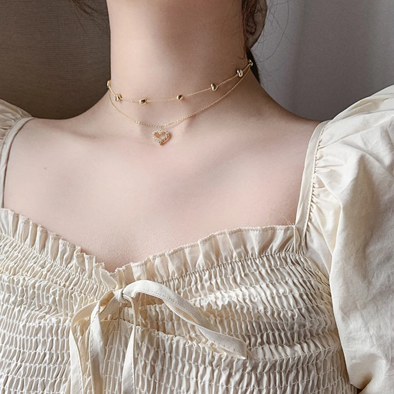 Модное современное ожерелье-чокер Двухслойное ожерелье в форме сердца золотого