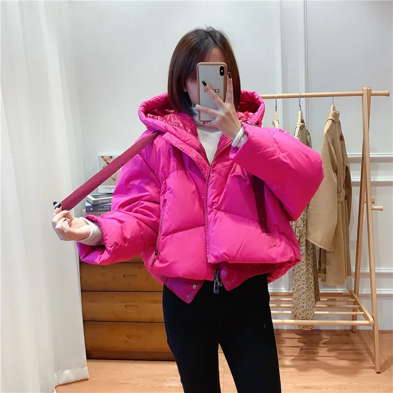 

Hooded down jacket women 2021 new fashion drawstring white duck down short thick warm solid color long-sleeved jacket