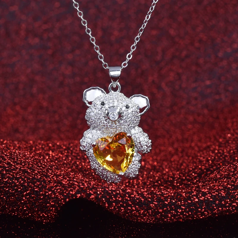 

Delicate Cute Little Bear Pendant Necklace Inlay Yellow Heart Cubic Zirconia Fashion 925 Silver Women Wedding Engagement Jewelry