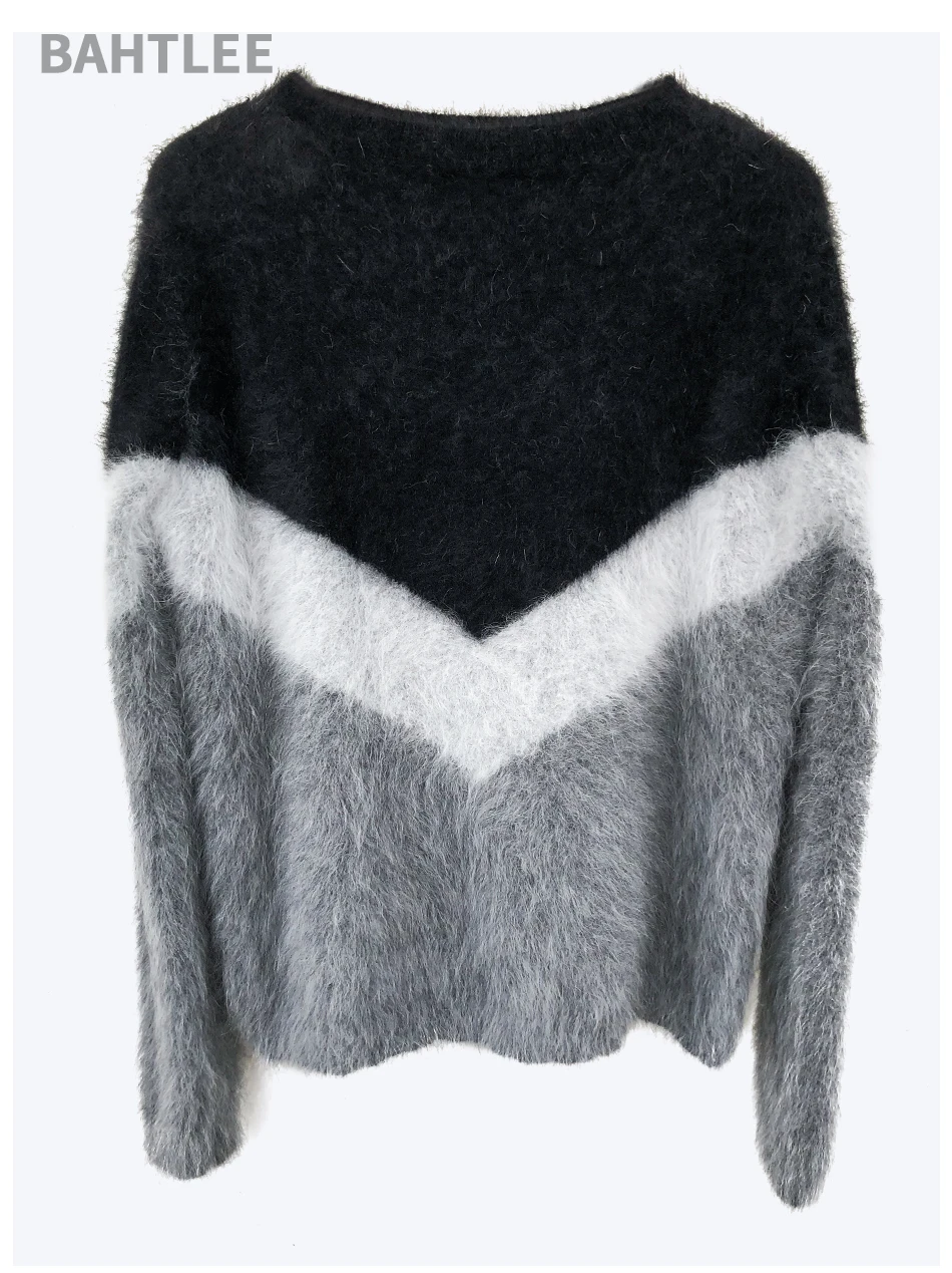 BAHTLEE Women Angora V-neck Pullovers Sweater Autumn Winter Wool Knitted Geometric Designs Jumper Long Sleeves Loose style