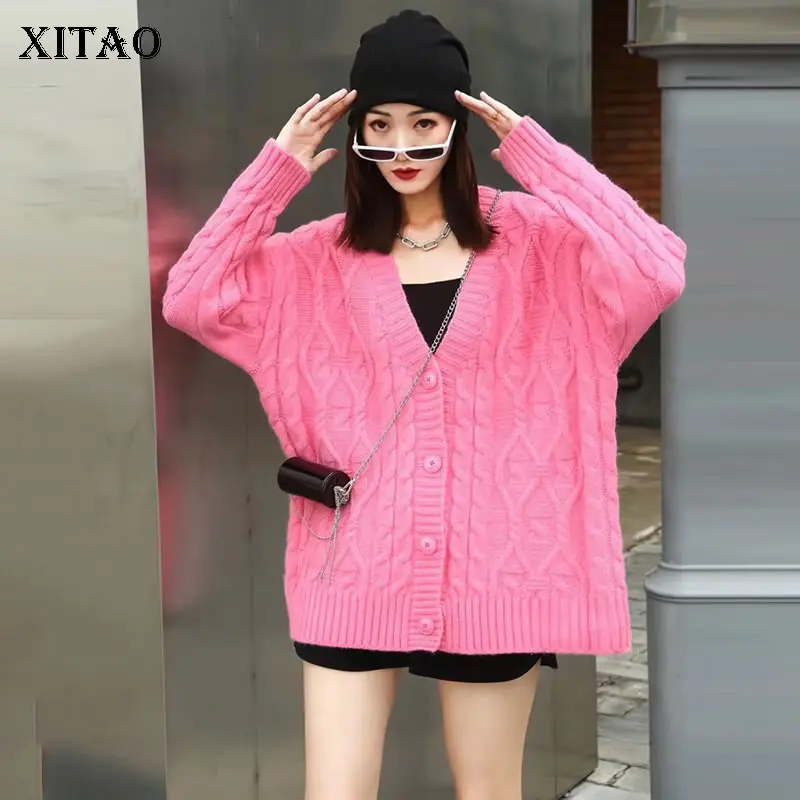 

XITAO Sweater Cardigan Women 2021 Autumn New Large Size Loose Knitting V-neck Solid Color Fashion Casual All-match WMD3603