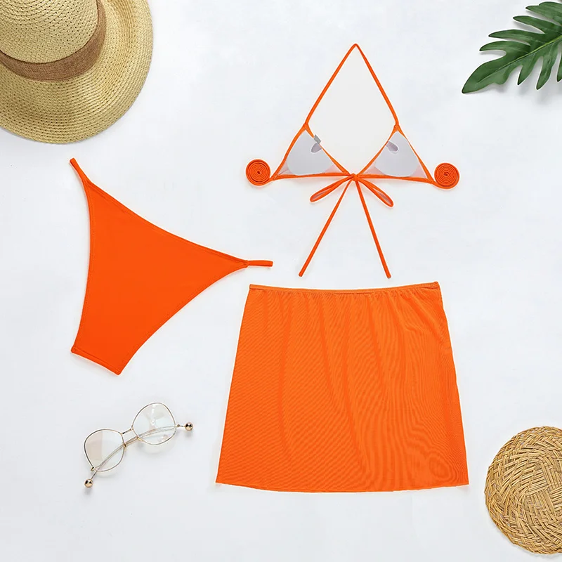 

Sexy 3 Piece Set Women's Swimsuit Thong Bikini Set With Mesh Skirt Beach Wear Swimwear Women Bandage Bathing Suit Green Orange