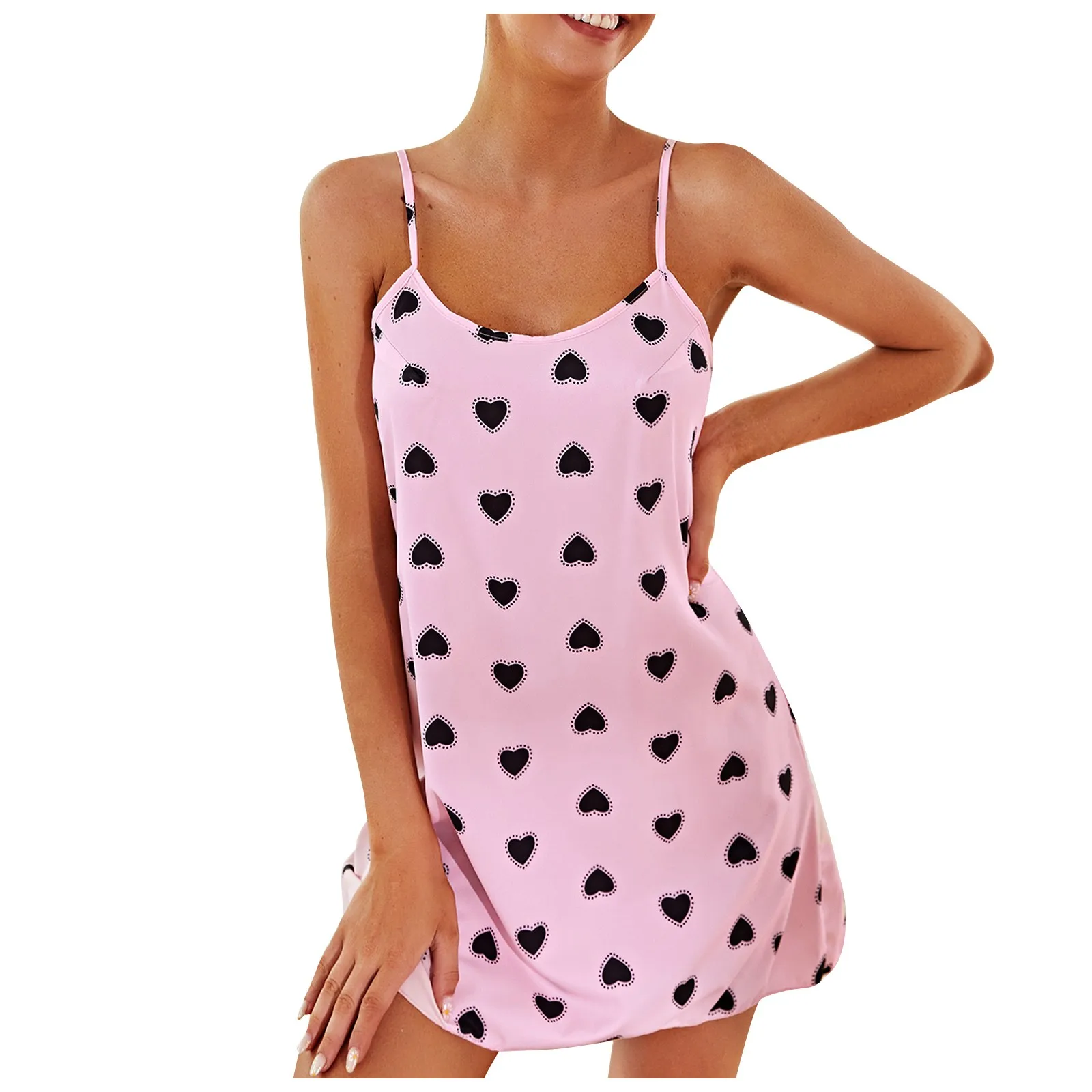 

Lingerie Erotic Sexy Heart-shaped Printing Spaghetti Braces Pink Dress Ladies Women Nightwear Sleepwear Nghtgown Bedgown Pajamas