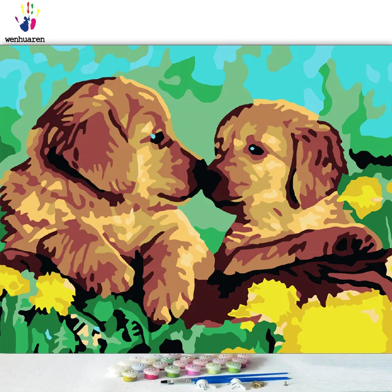 DIY картинки для раскраски по номерам с цветами Собака Семья картина Рисование в