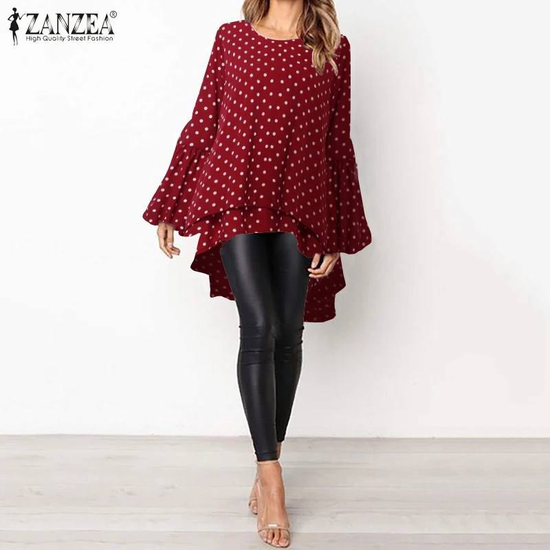 B Dot Wine Red Модная женская Асимметричная блузка, ZANZEA, элегантные топы с пышными рукавами, многослойные блузки, женские Однотонные блузки размера плюс, топы-туники - Цвет: B Dot Wine Red