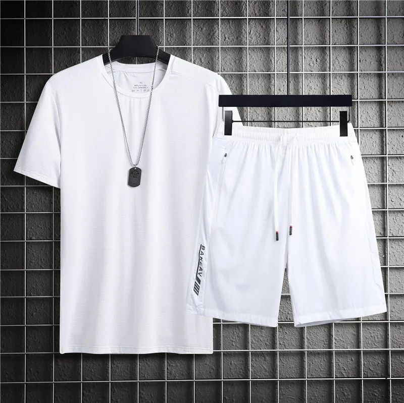 

Summer Ice Silk Short-sleeved T-shirt Sports Suit Men's Trend Large Size Loose and Easy To Dry Two-piece Suit