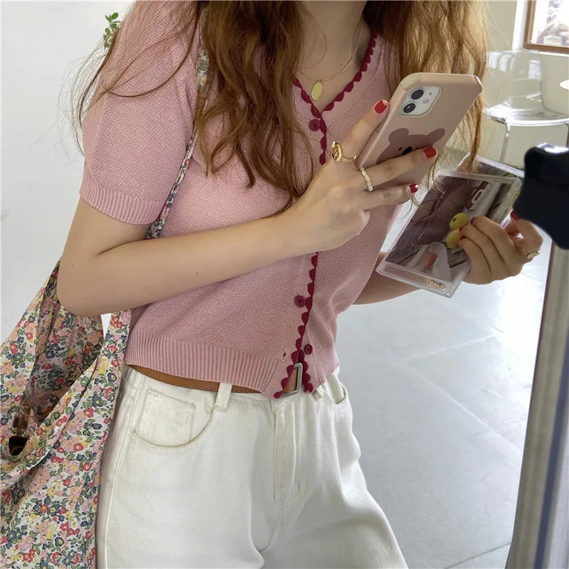 

Short Design Summer Patckwork Solid Elastic Knitted Korean Style Casual 2021 New Thin Summer Cardigan Women Tops