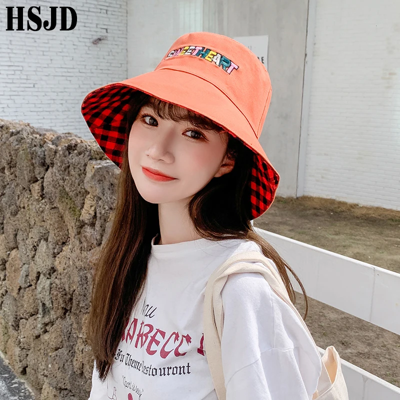 Double Sided Letter Plaid Bucket Hat Girl Women lovely Bob Femme Caps Summer Panama Sweet Heart Sun Hats For Women fisherman hat