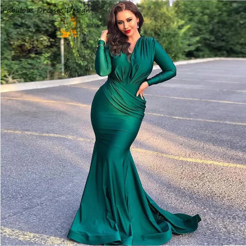 

2021 Green Mermaid Long Prom Dresses V Neck Long Sleeve Sweep Train Formal Vestido De Festa Evening Dress Party For Women