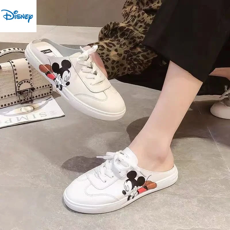 

Mickey Heelless White Shoes Female 2021 New Print Cartoon Mickey Sandals Summer Baotou Board Shoes Half Drag Disney