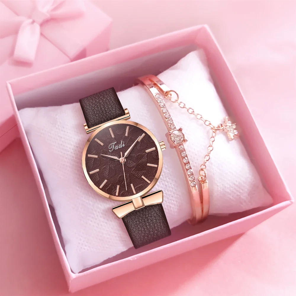 

【Watch+Bracelet】Women Simple Leaf Dial Watch Casual Ladies Leather Strap Quartz Wristwatch