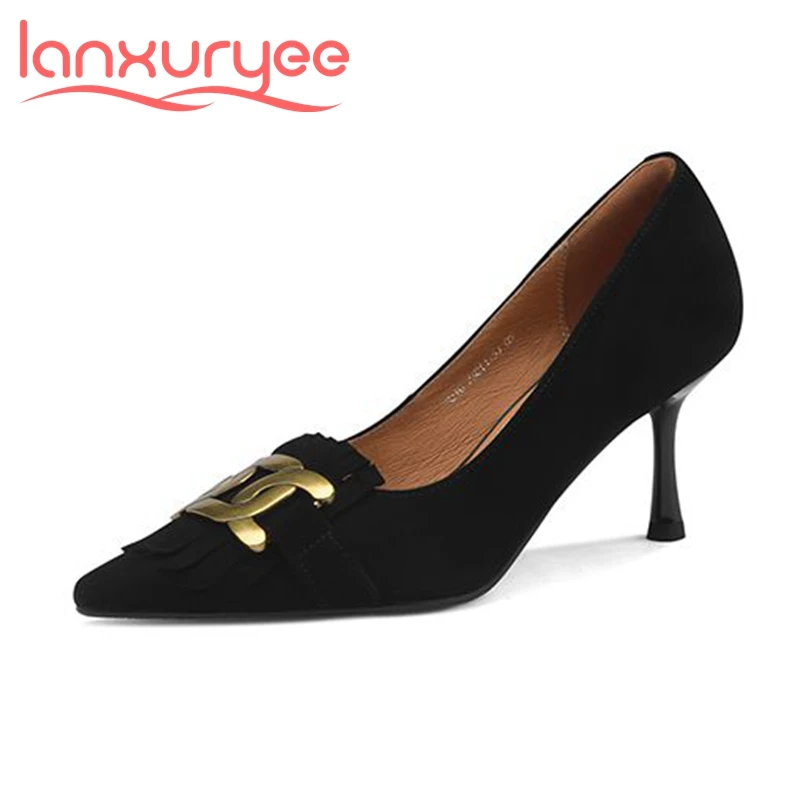 

Lanxuryee spring high fashion natural cow leather pointed toe metal fasteners thin high heels tassel French vintage pumps l10