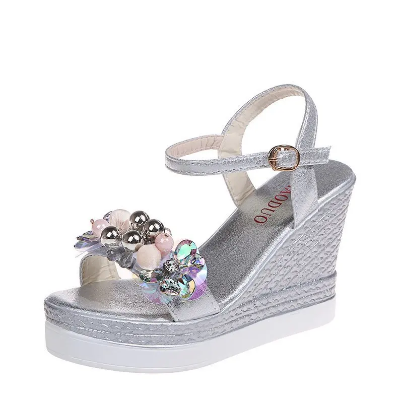 

2021 summer slope with solid color British buckle beaded spot low-top daily pink viscose shoes fashion sandals sandalias mujer