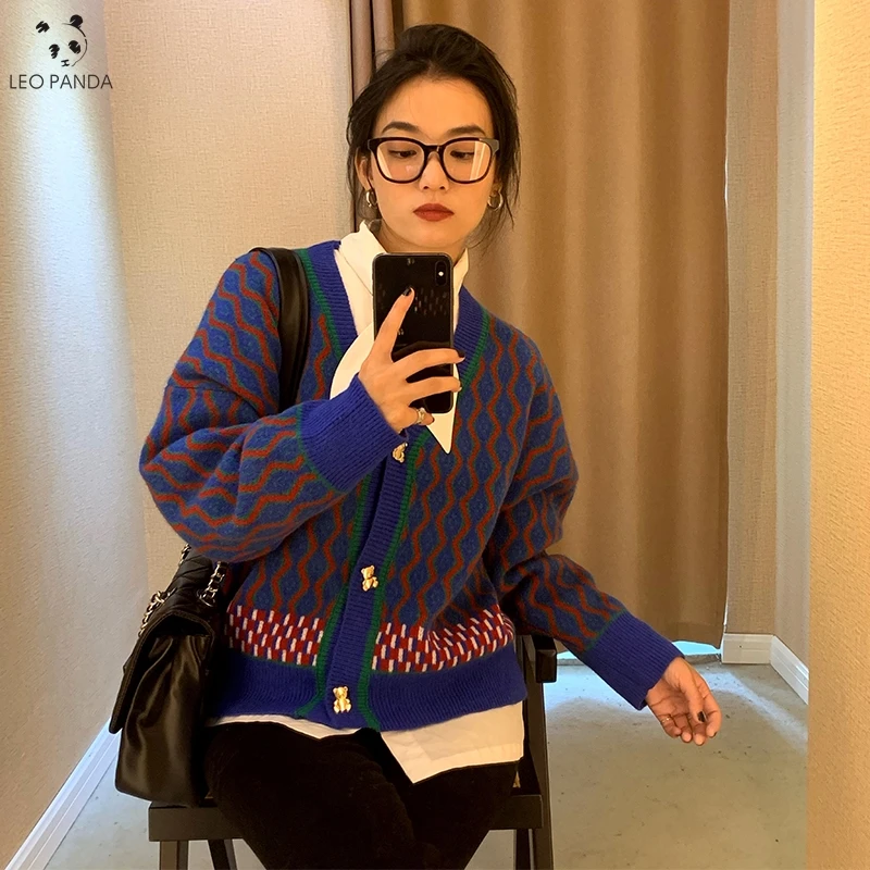 

2020 New Preppy Style Flower Knit cropped Cardigans Sweater Women V Neck Loose elegaht Thicked Pull Femme Plaid Short Casual Coa