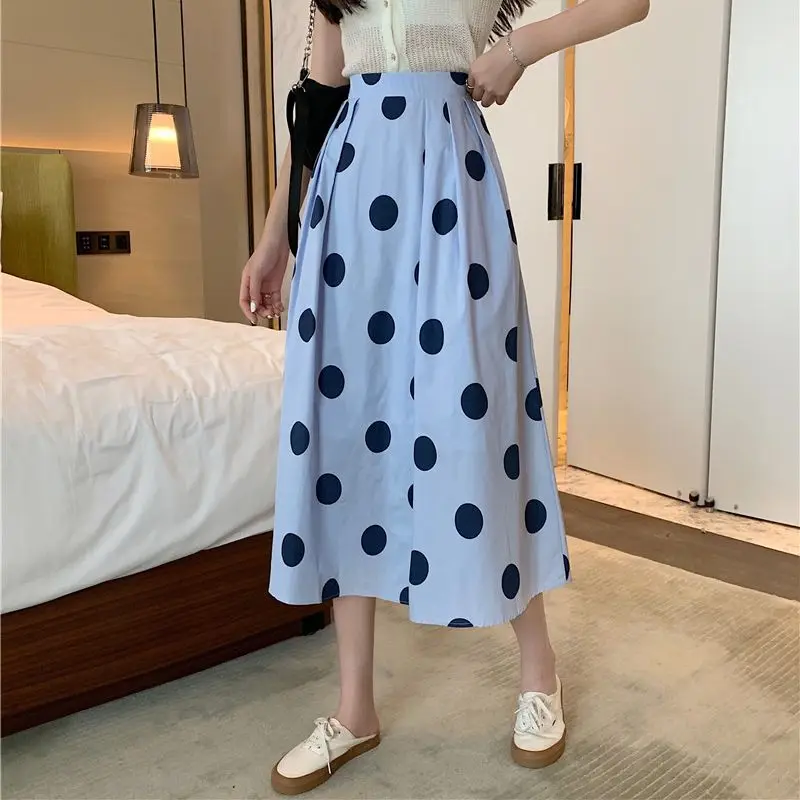 Осенние женские корейские элегантные юбки с высокой талией и принтом в горошек