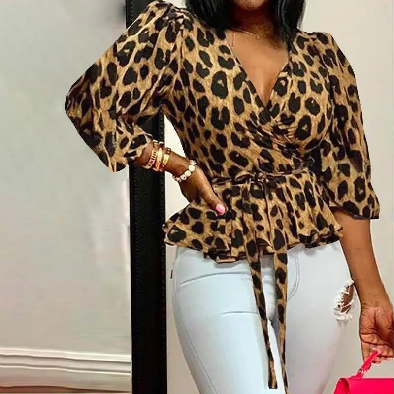 

Women Blouses 5XL Elegant Office Tunic Shirt Sexy Deep V-Neck Leopard Print Belted Fashion Tops Ruffles
