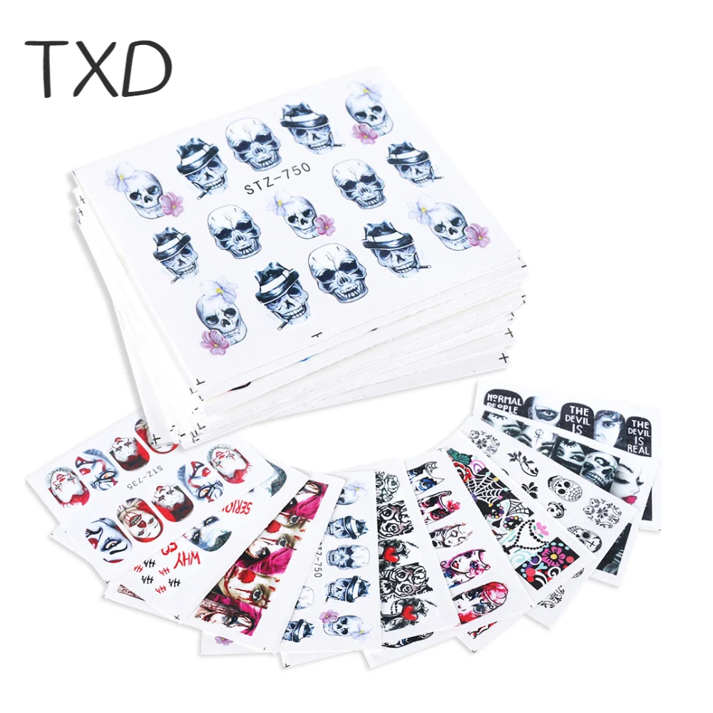 

TXD украшение для ногтей набор водных наклеек 24 шт. Хэллоуин Аниме Призрак Череп страшная аппликация