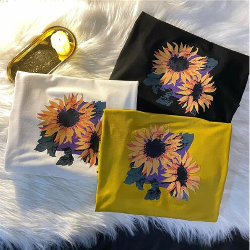 

Sunflower Print Women Top New Style Short Sleeve Round Neck T shirt Feminina Slim Fit T shirts Women