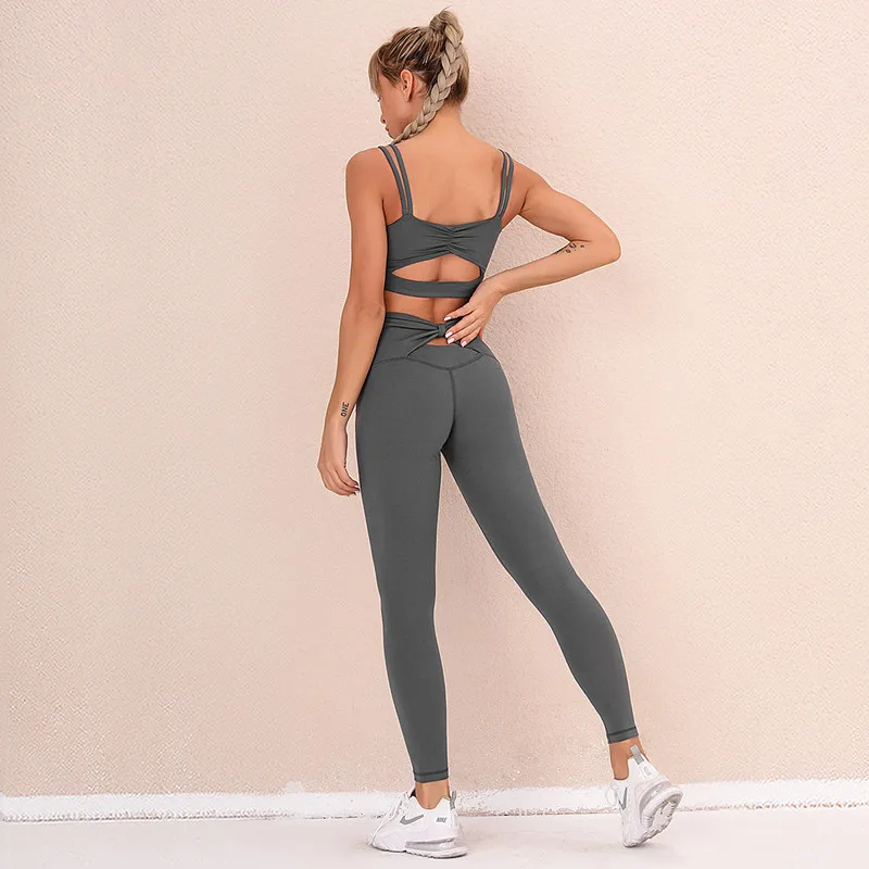 

2021 Women Sexy Sportswear Solid Color Gym Sets Nylon Suits Workout Running Suits New Push Up Yoga Sets 2 Pcs Bowknot Leggings