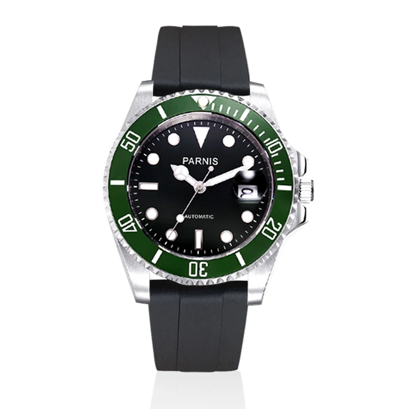 black green rubber Parnis 40 мм, Мужские автоматические механические часы, керамические, для дайвинга, 100 м, нержавеющая сталь, автоматические, для мужчин, t, Relogio Masculino - Color: black green rubber