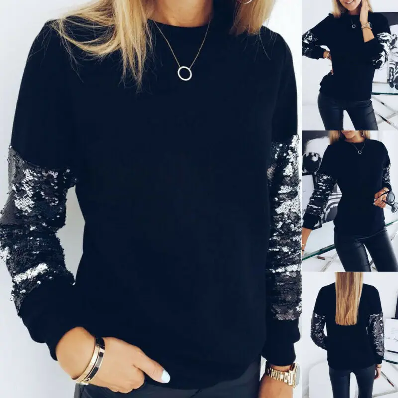 Женские футболки в повседневном стиле украшенные пайетками длинный рукав