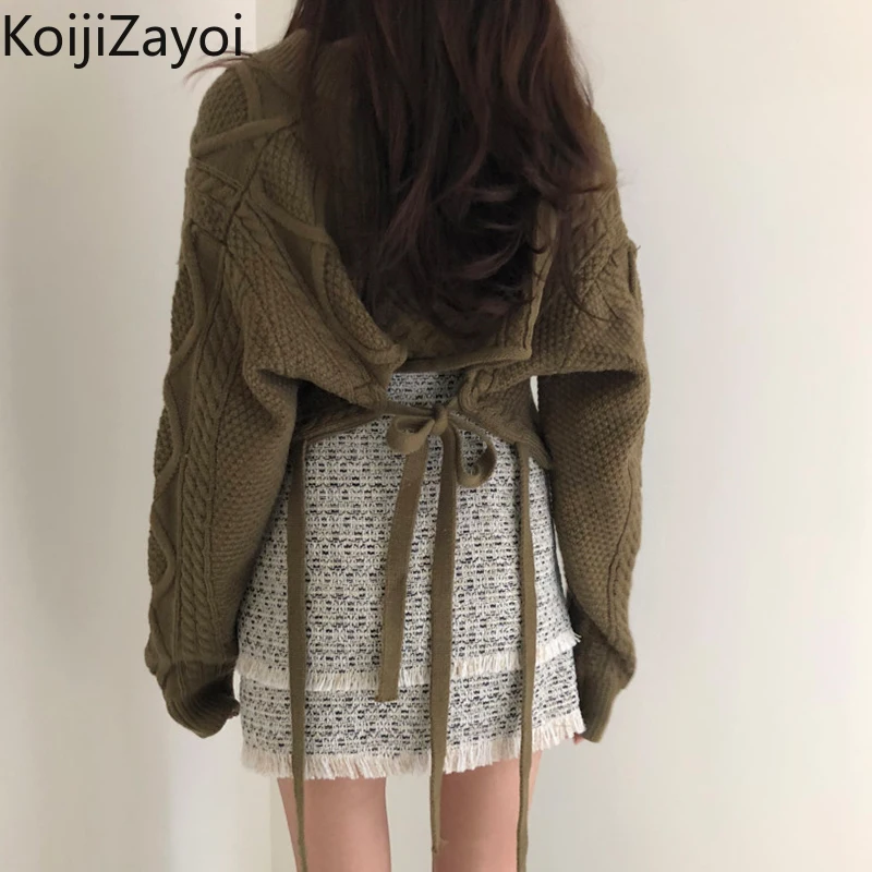 

Koijizayoi Solid Women Back Lace Up Chic Sweater Cropped Pullovers Fashion Korean Pullvoers V Neck Office Lady Sexy Short Jumper
