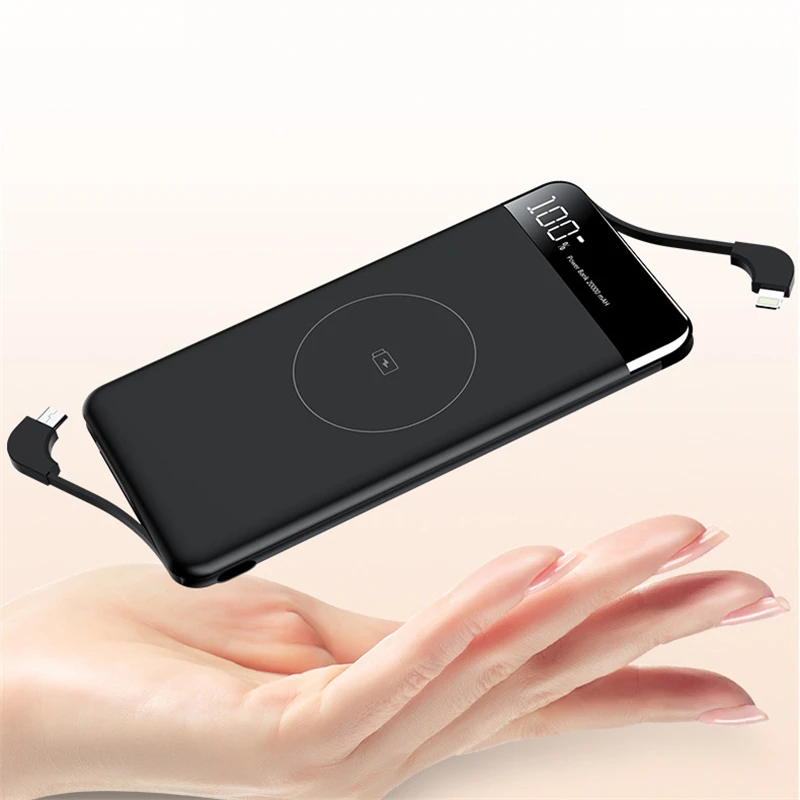 

10000mAh QI Wireless Charger Power Bank For iPhone Samsung Portable Charger wtih Dual Cable Powerbank External Battery Poverbank