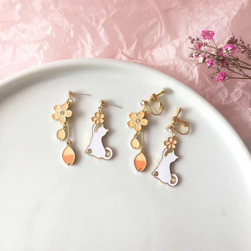 Милые серьги-клипсы в Корейском стиле pussycat с розовым цветком вишни милые белым