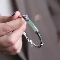 

S925 Silver Inlay Hetian Jade Bamboo Bracelet Women's Retro Elegance Inlaid Jade Bracelet Half Bracelet Half Chain Qixi Gift