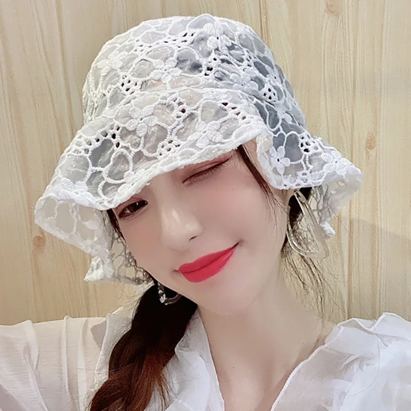 

Women Summer Fashion Lace Sun Hat Bucket Hollow Out Cap Mesh Breathable Cap Beach Casual Ladies Sweet Sun Cap