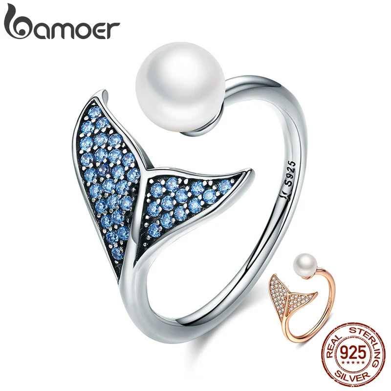 

Bamoer 925 Sterling Silver Blue CZ Dolphin Tail Opening Finger Ring Shell Pearl Adjustable Ring for Women Jewelry Gift SCR286