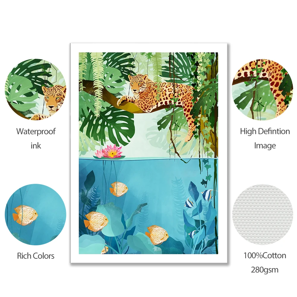 Джунгли тигр художественные плакаты и принты абстрактные красочные птицы рыбы