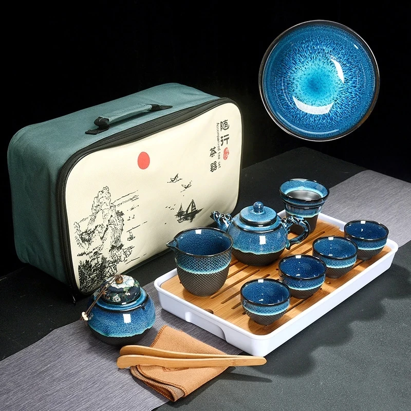 

Chinese Tea Set Blue Amber Glaze Ceramic Jingdezhen temmoku glaze Exquisite Set Kung Fu Tea Cup portable Teapot Gaiwan Tea