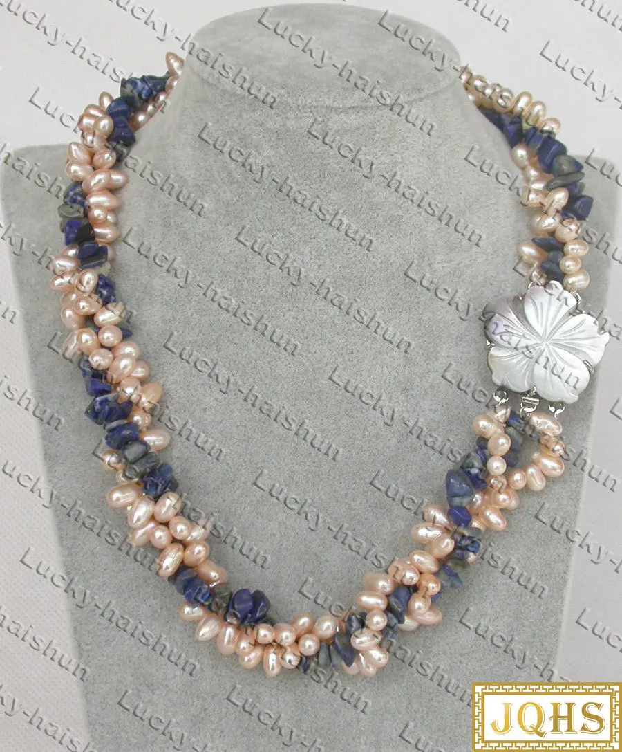 

JQHS Natural Baroque 45cm 3row Rice Pink Pearls Blue Lapis Lazuli Necklace Seashell Clasp C376 Jewelry Wholesale