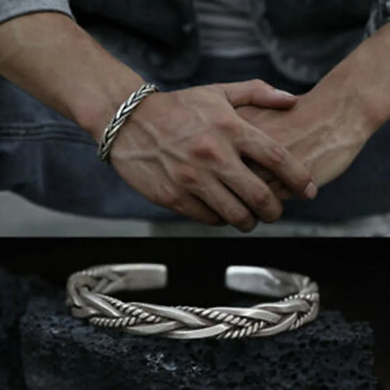 

2021 Mens Vintage Open Bangle 925 Sterling Silver Thai Handmade Twisted Cuff Bracelet Hot Selling Vintage Decorative