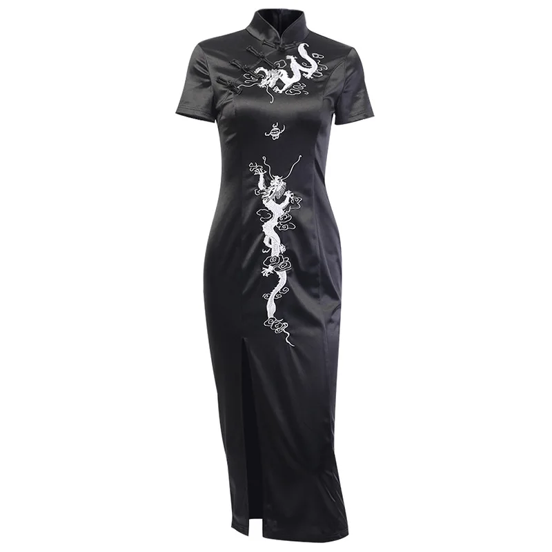 

Dark Wind Retro Buckle High Split Long Skirt Improved Dragon Pattern Embroidery Cheongsam Slim Dress Female Autumn