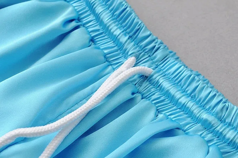 Лето 2018 женские модные с высокой талией Модные атласные спортивные брюки