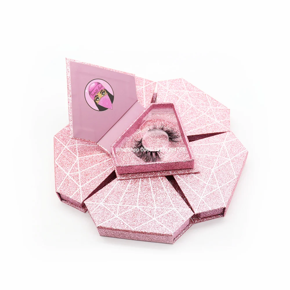 

Pink Glitter Diamond Eyelash Case Free Plastic Tray Nature 20MM Mink Eyelashes With Box Wholesale Custom Lashbox Packaging