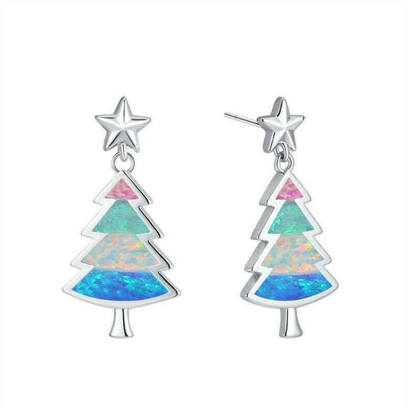 

Fashion Christmas Tree Silver Filled White Simulated Opal Ear Stud Earrings Gift