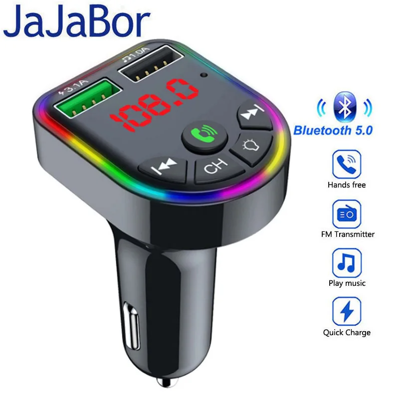 

JaJaBor FM Transmitter Bluetooth 5.0 Car Kit Handsfree Car MP3 Music Player Dual USB Car Charger Support TF Card U Disk Playback