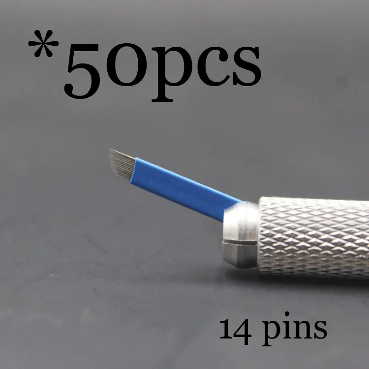 50pcs14CF 0,18 мм 7 9 11 12 14 U форма Перманентный макияж бровей flex иглы татуировки лезвия для 3D микроблейдинга Ламина лезвие Agulhas Tebori - Габаритные размеры: 50pcs14CF
