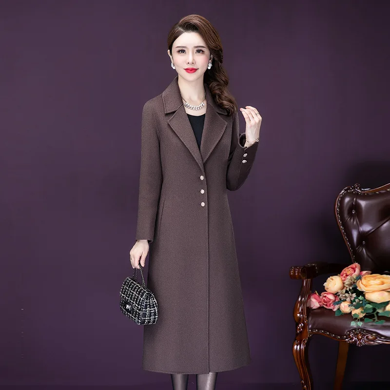 Women Elegant Long Wool Coat Solid Color Single-Breasted Slim  Woolen Overcoat Ladies Autumn Winter Windbreaker Outerwear 5XL