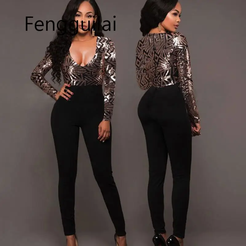 

Black Sequin patchwork bandage Jumpsuits Women Sexy V-neck Sparkly Glitter Bodycon Party Long sleeve legging pant Rompers outfit