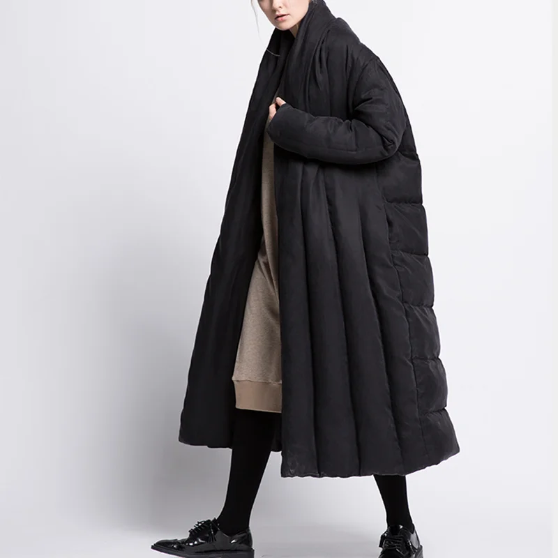 Женский пуховик свободного кроя длинная стеганая куртка однотонная Большие