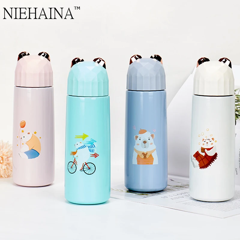 

400ML Bear Head Straight Cup 304 Stainless Steel Vacuum Mug Cartoon Couple Gift Thermos Mug
