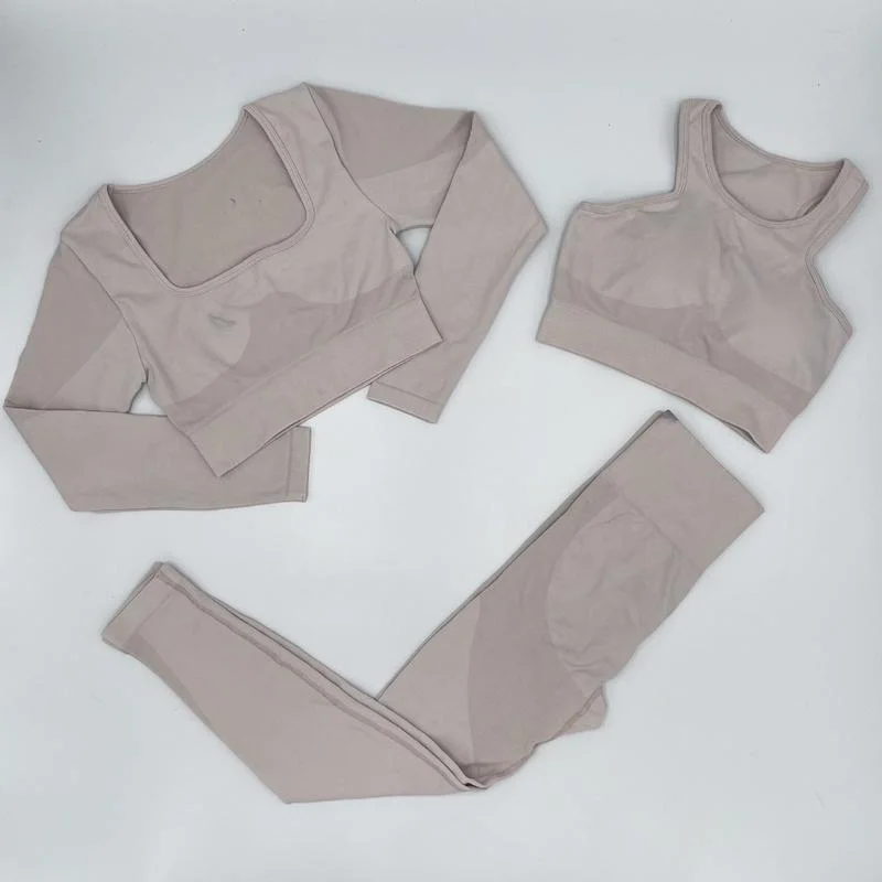 

Women Clothing Yoga Gym Sets Seamless Fitness Leggings Suit New 3 Pieces Sexy Anti-Shake Bra Long Sleeve Top Running Workout Set