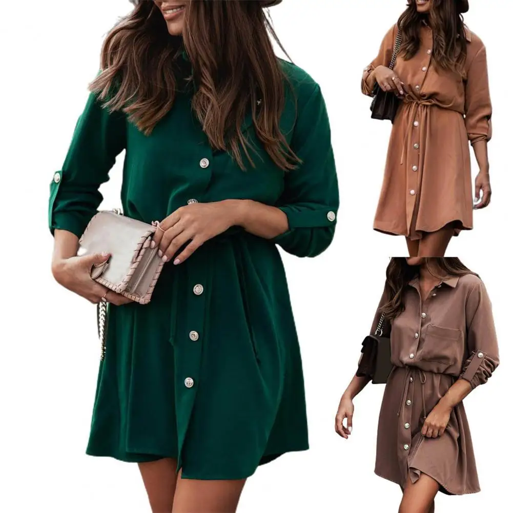 

Fashion Turn-down Collar Party Autumn Shirt Dress Women Solid Three Quarter Sleeve Summer Dress Plus Size Casual Vestidos Robe