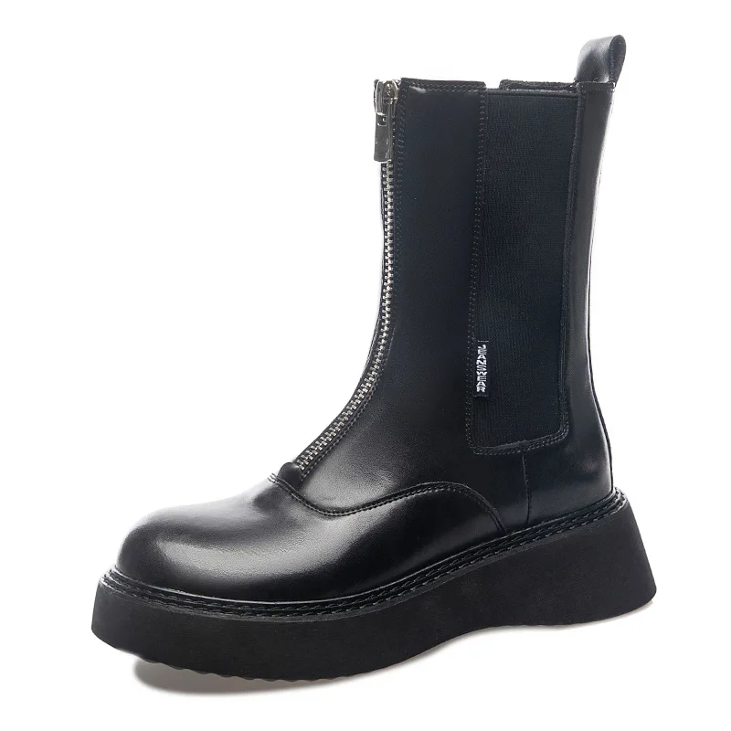 

Chelsea Boots Women Genuine Leather 2021 New Fashion Mid-tube Martin Boots Female Platform Front Zipper Women Autumn Boots