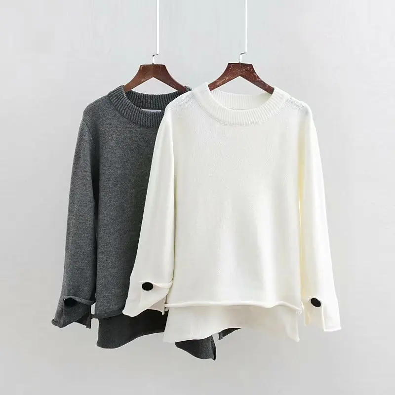 Fashion Casual Women Grey O-Neck Knitwear Jumpers Ladies 2019 Za Button Sleeve White Sweater Boyfriend Wind Knitted Pullovers | Женская