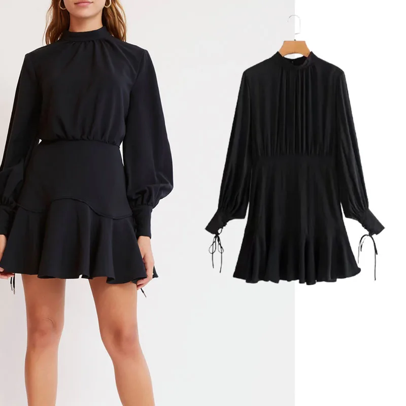 

Xypskh Za Women New Fashion Ruffled Hem Mini Dress Vintage Stand-up collar Long Sleeve Pleated Female Dresses Vestidos Mujer